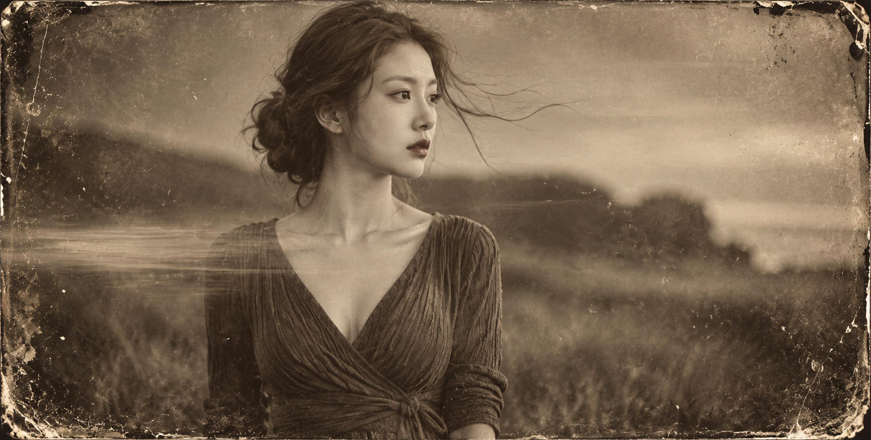 风中成年女性的磨损银盐肖像 — AI image creation