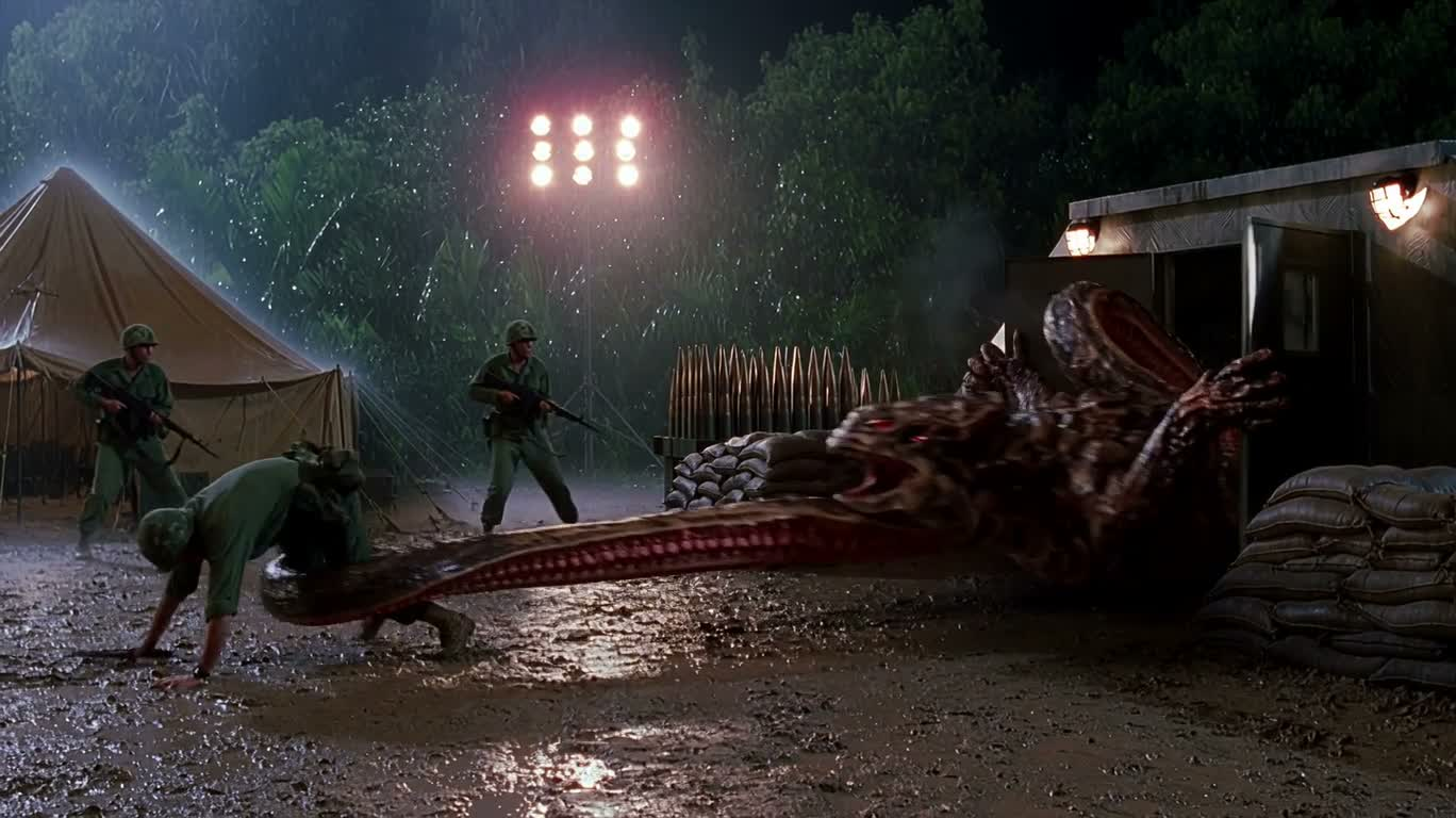 Alien Explosion Raid on a Jungle Base in the Rainy Night