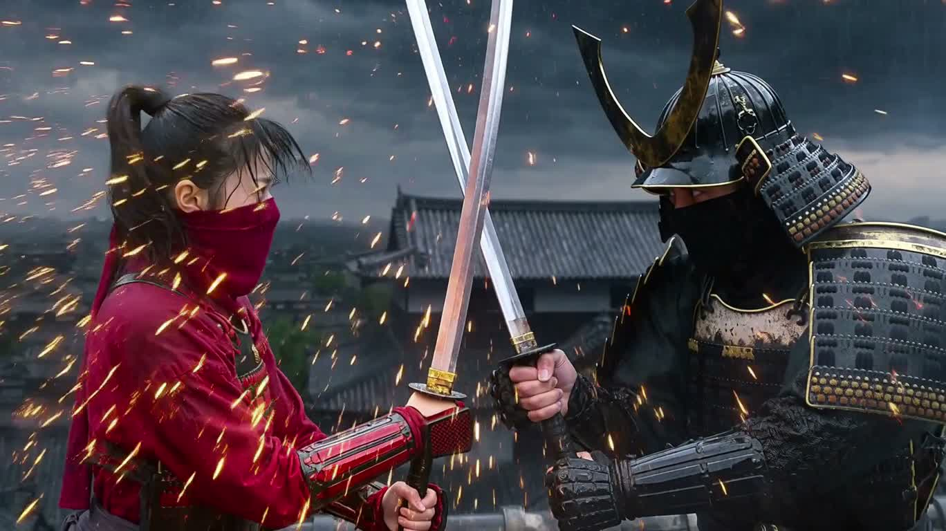 Duel de ninjas sur un toit sous l'orage