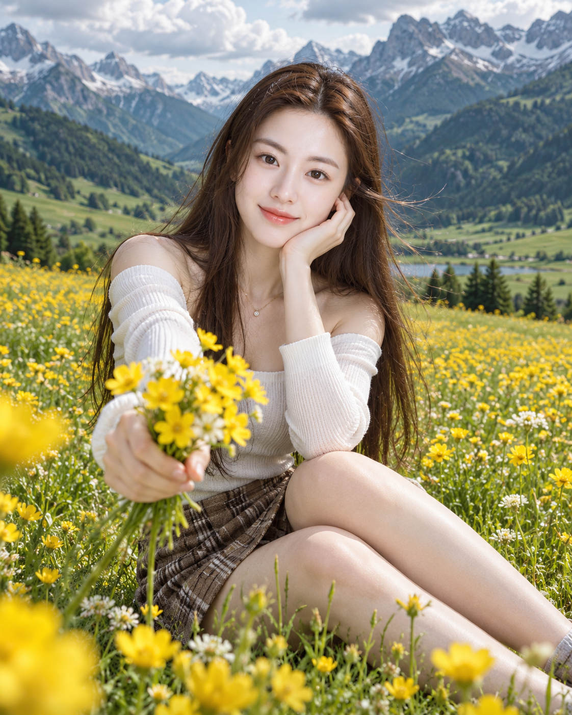 黄色野花田中的成年女性与山景人像
