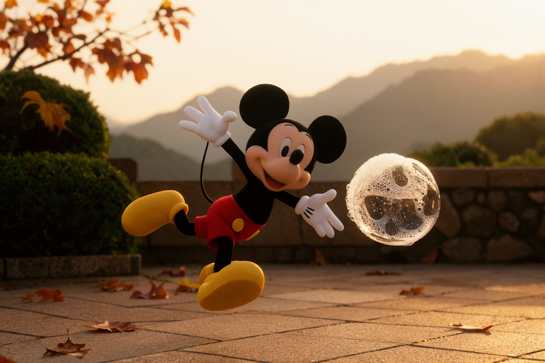 Mickey Mouse · Chasing Bubbles · Golden Backlight — AI image creation
