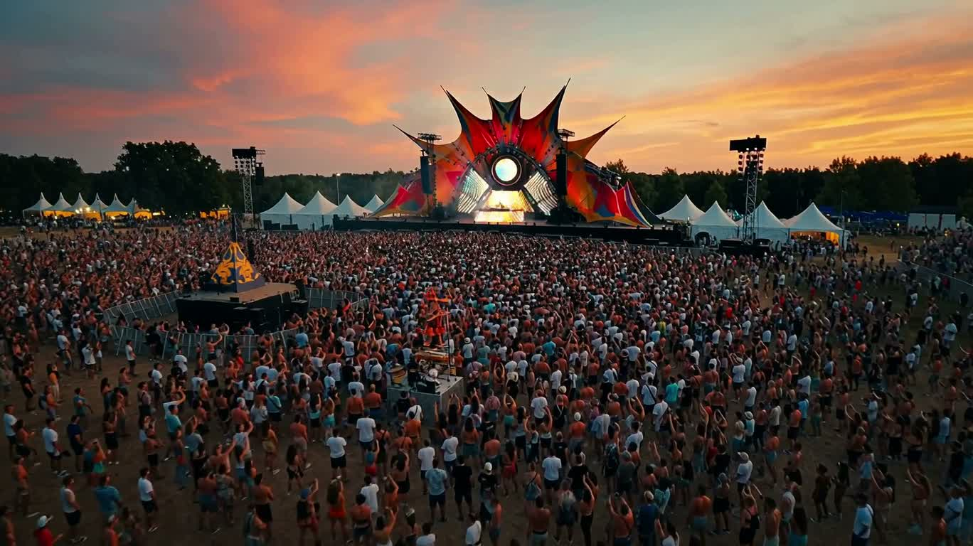 Scène de festival de musique au crépuscule