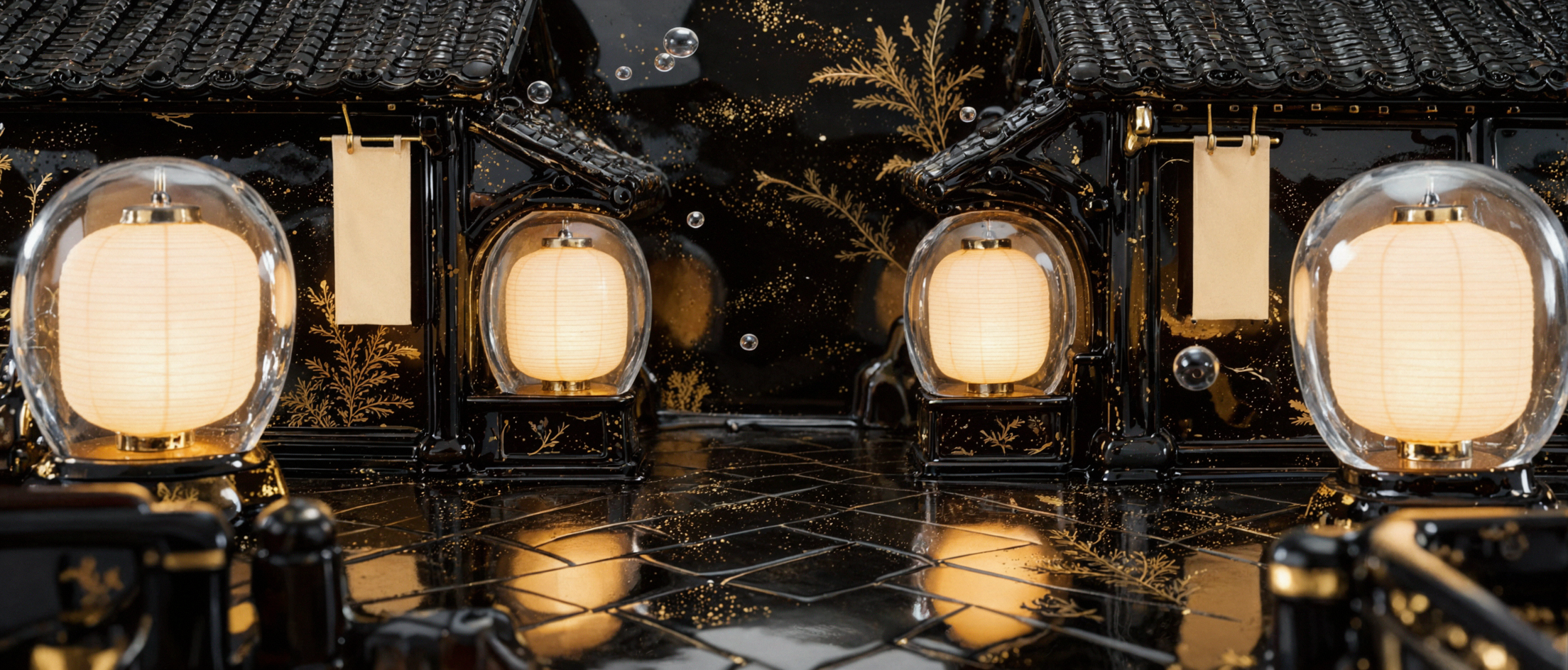 Rue sous-marine aux lanternes · Art de la laque noir et or