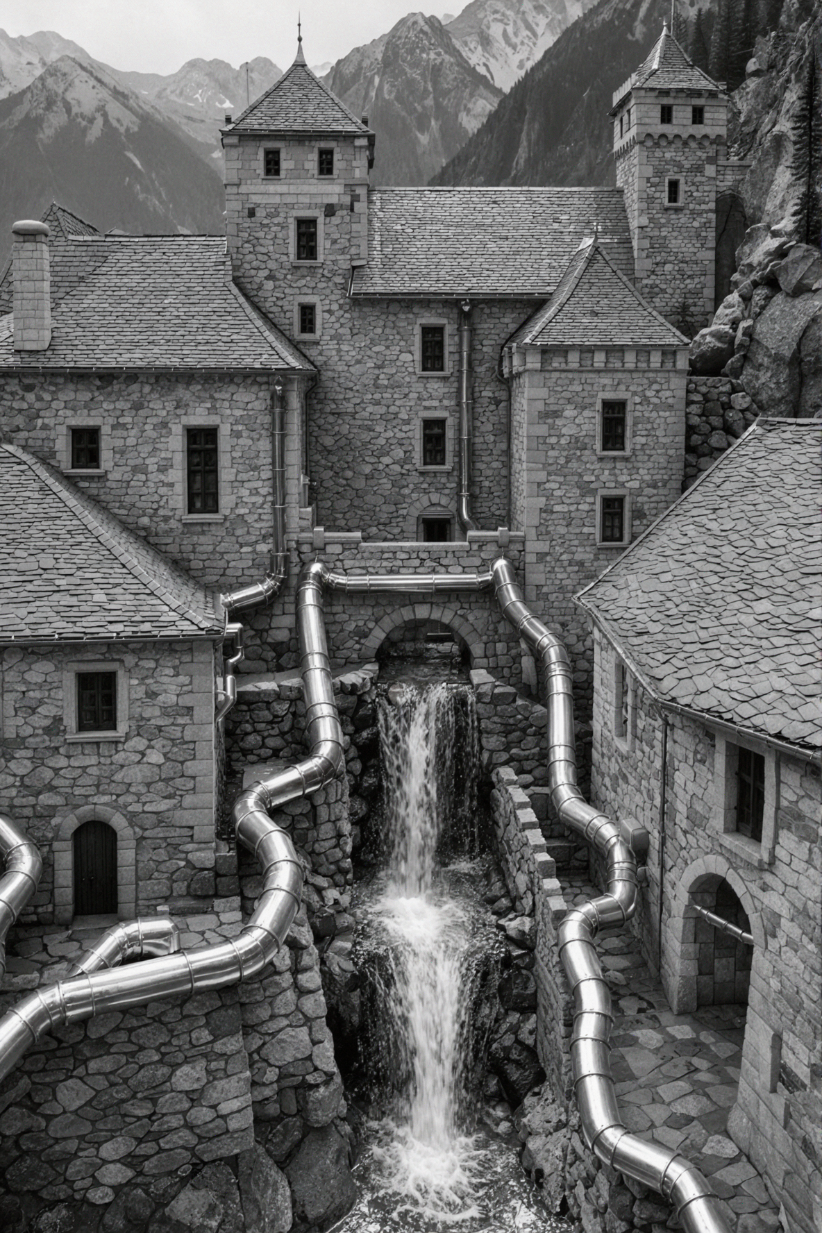 Old Castle Rain Drain · Black-and-White Silver Gelatin — AI image creation