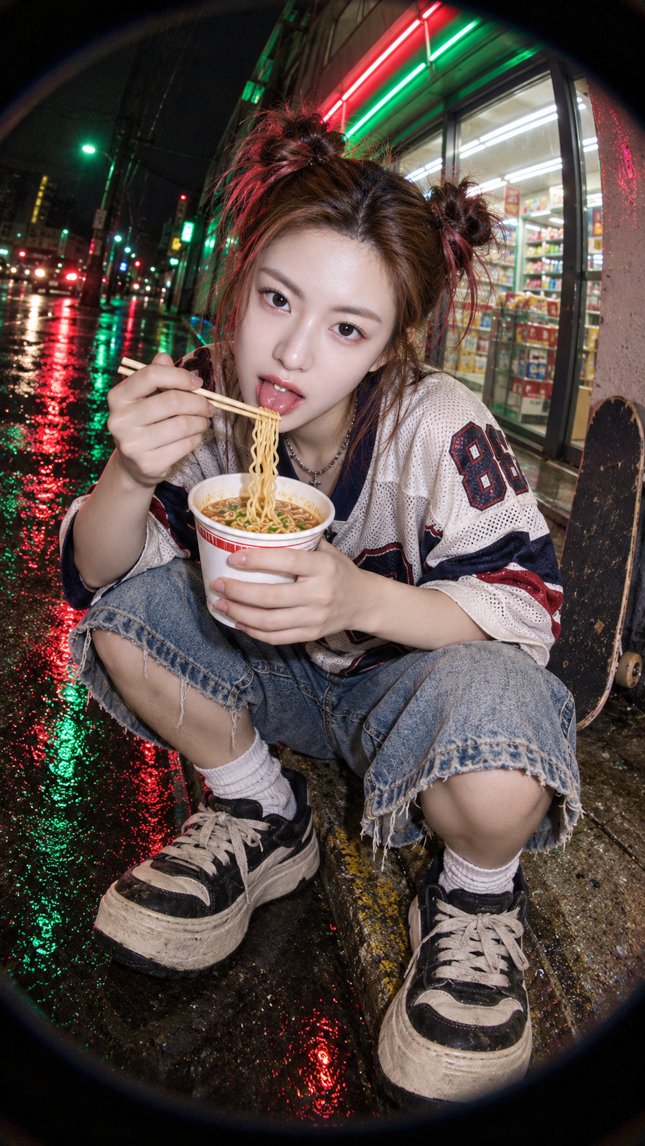 어안 렌즈 네온 야경 거리 성인 스케이트보드 스타일 인물
