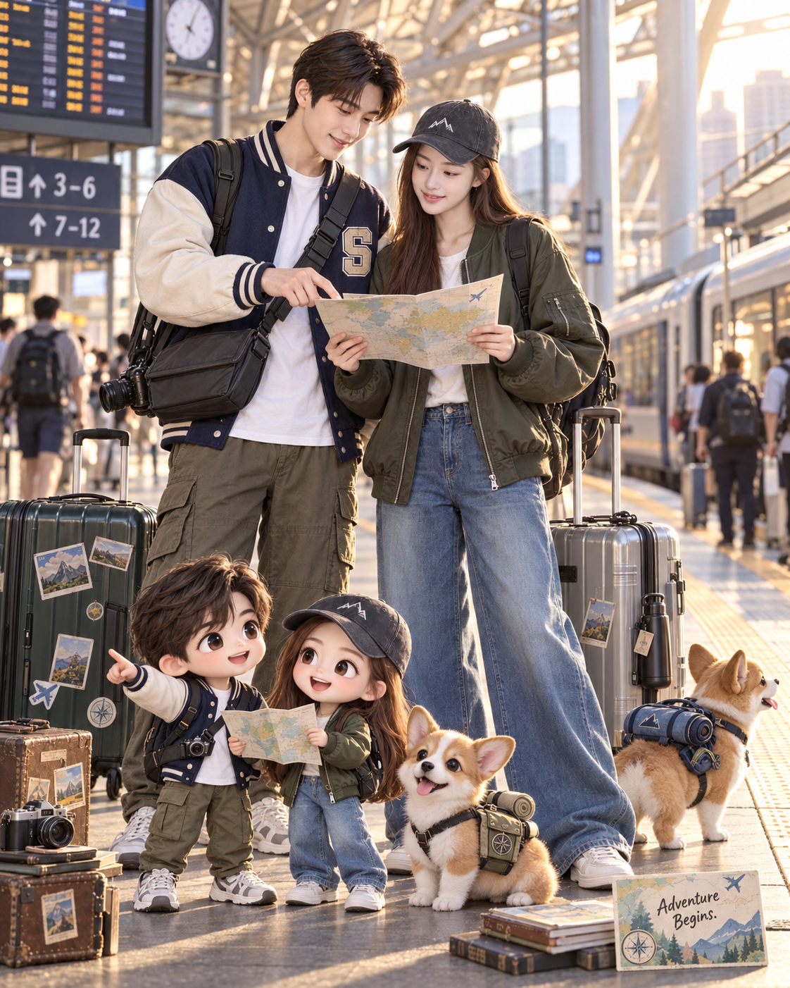 駅を出発する前の大人の旅仲間とちびキャラの相棒