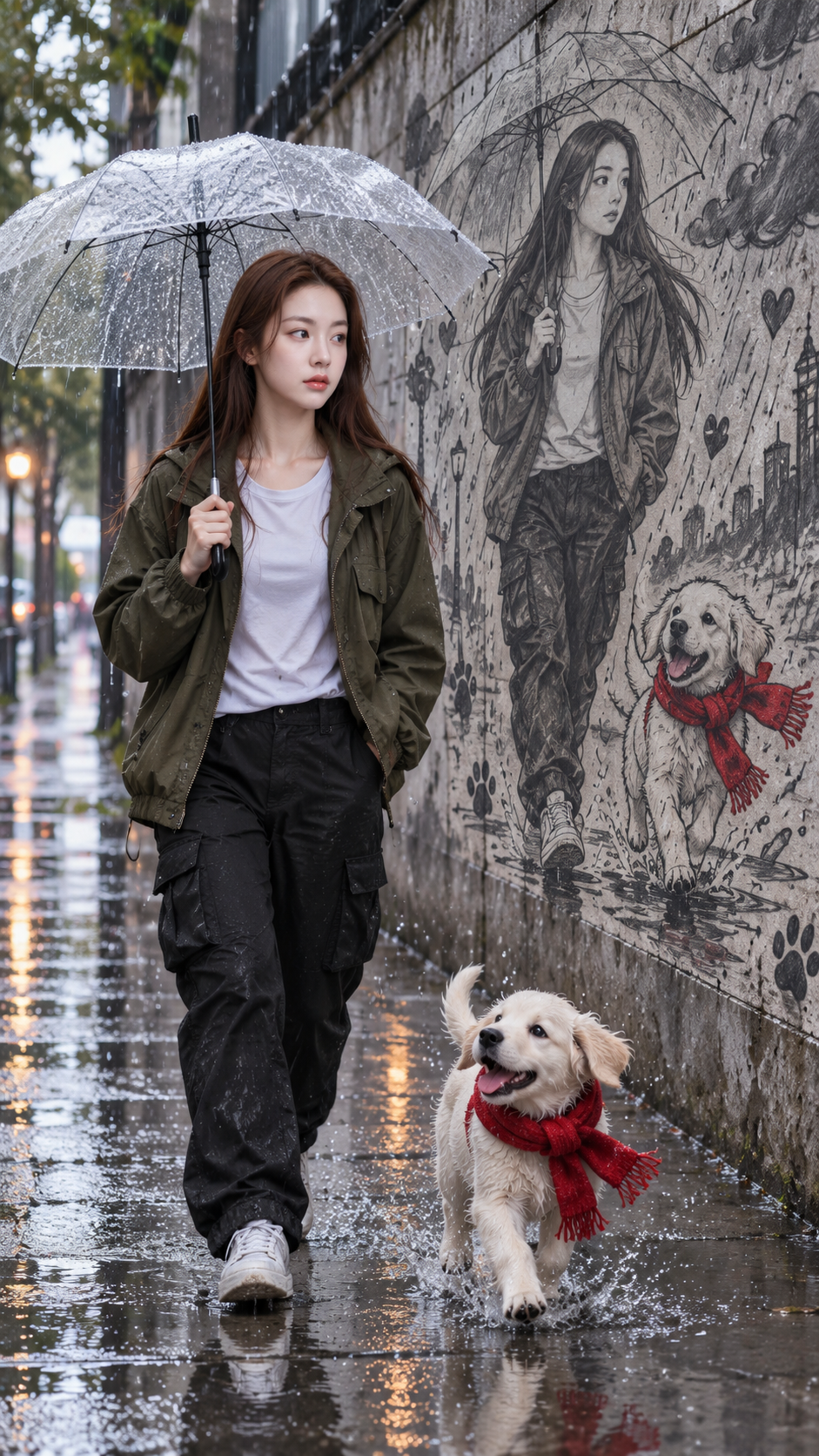 雨の中、透明傘の下で赤いマフラーの女性と白い犬