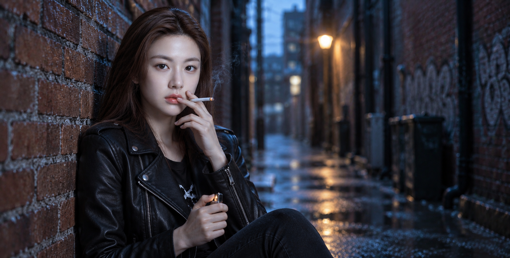 蓝调暮色深巷中的成年女性皮衣街拍