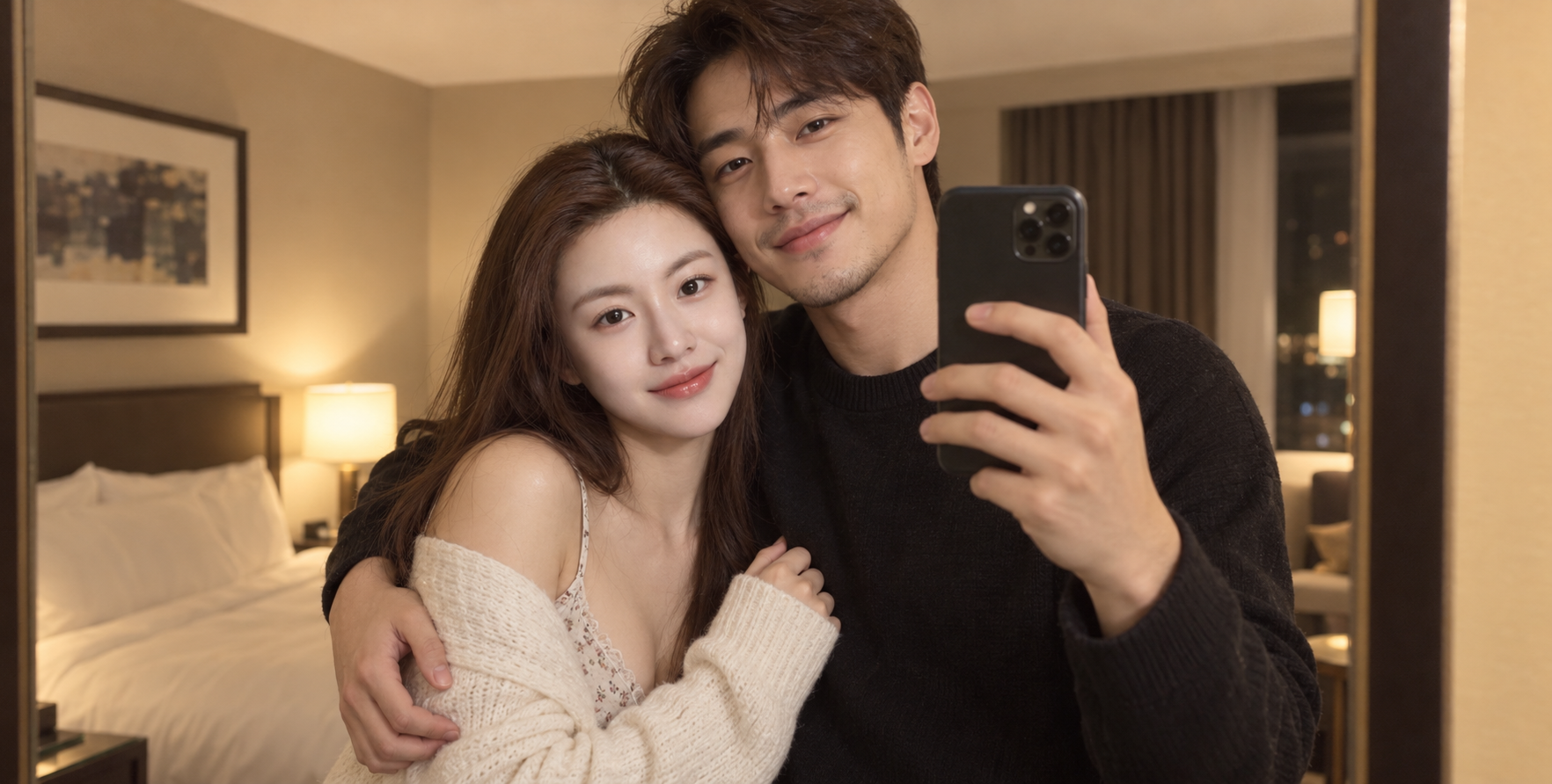 Portrait d'un couple adulte dans une chambre d'hôtel à la lumière chaude
