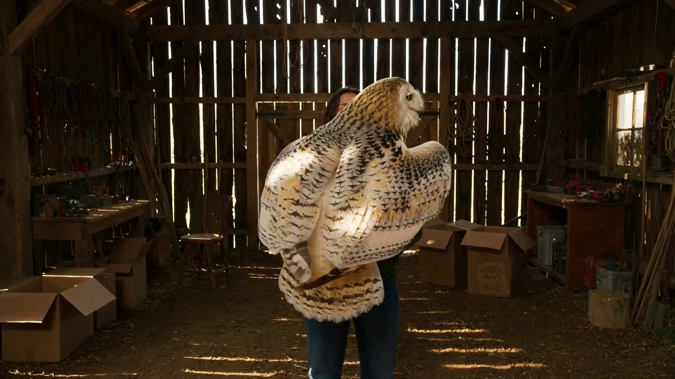 木工房に現れた巨大な白いフクロウ