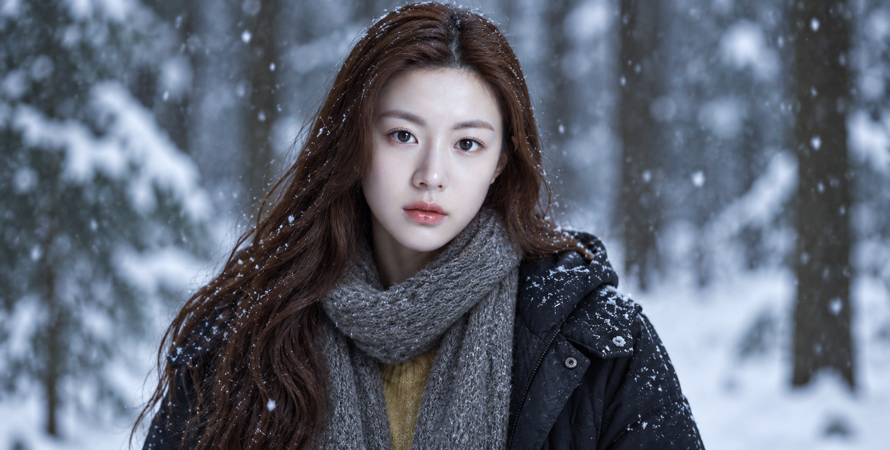 冬日森林轻雪中的成年女性电影感肖像