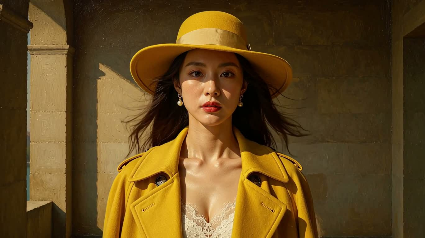 黄帽黄衣的复古油画肖像 — AI video creation