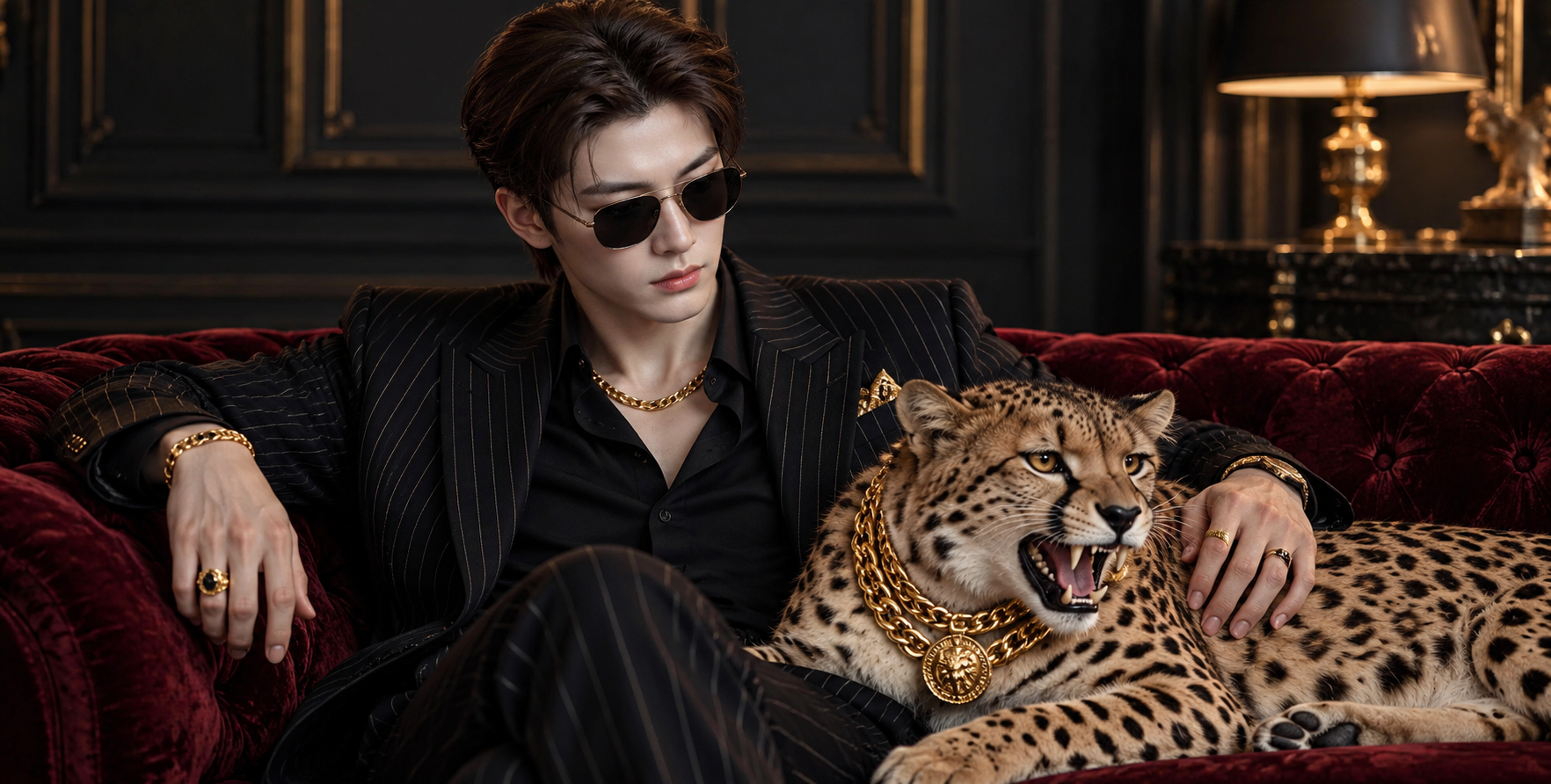 奢华黑帮大佬怀抱金链猎豹的霸气写真