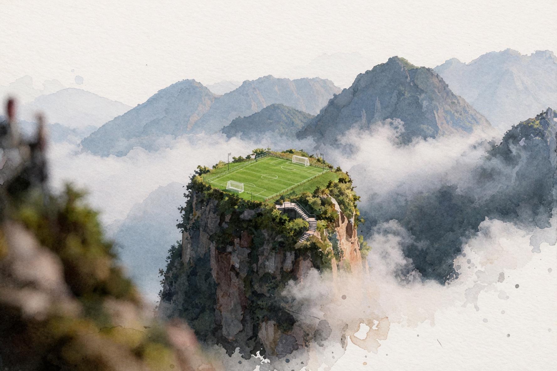 Terrain de football dans les nuages · Journal aquarelle