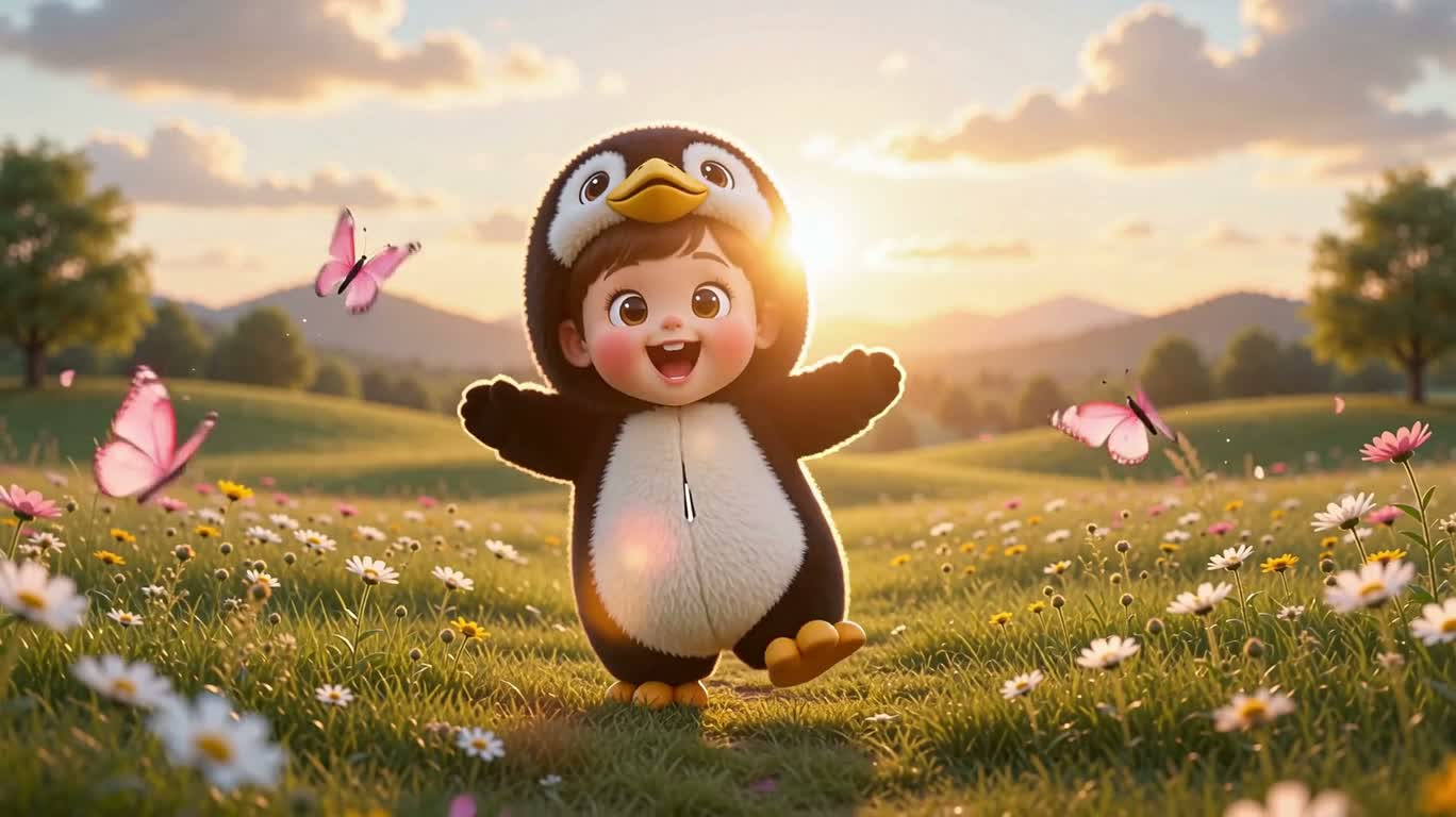 La danse du bébé pingouin dans la mer de fleurs dorées