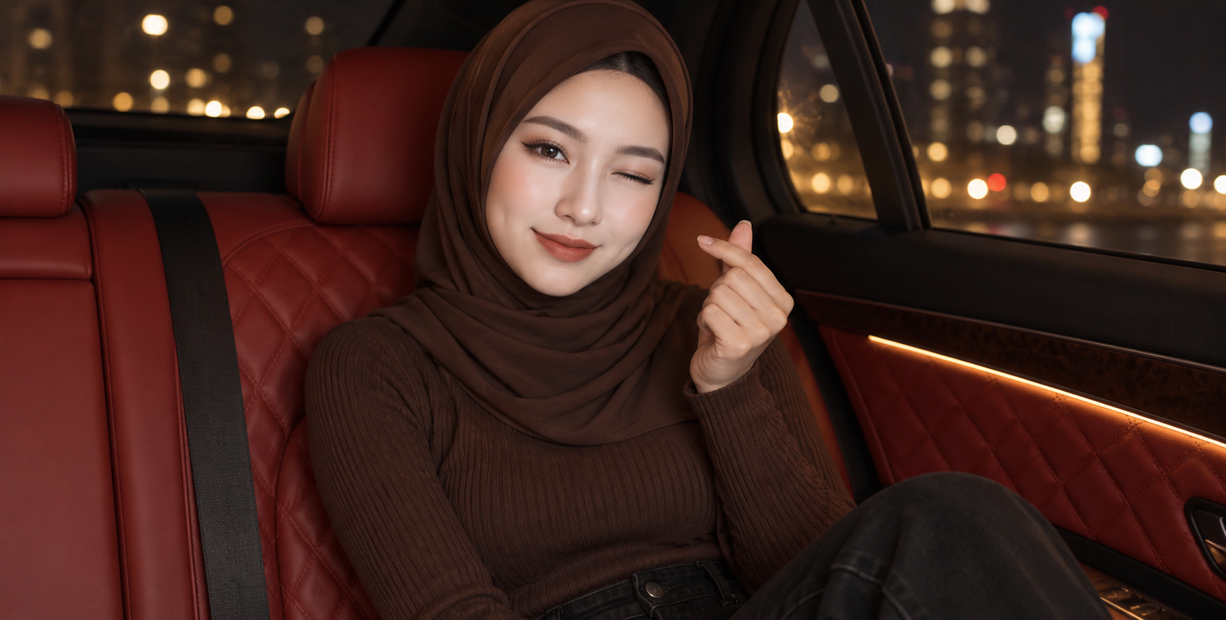 深棕头巾女性在夜间豪车中比心眨眼 — AI image creation