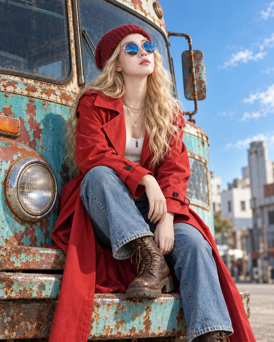 旧バスで赤いトレンチコートのファッション旅行ポートレート