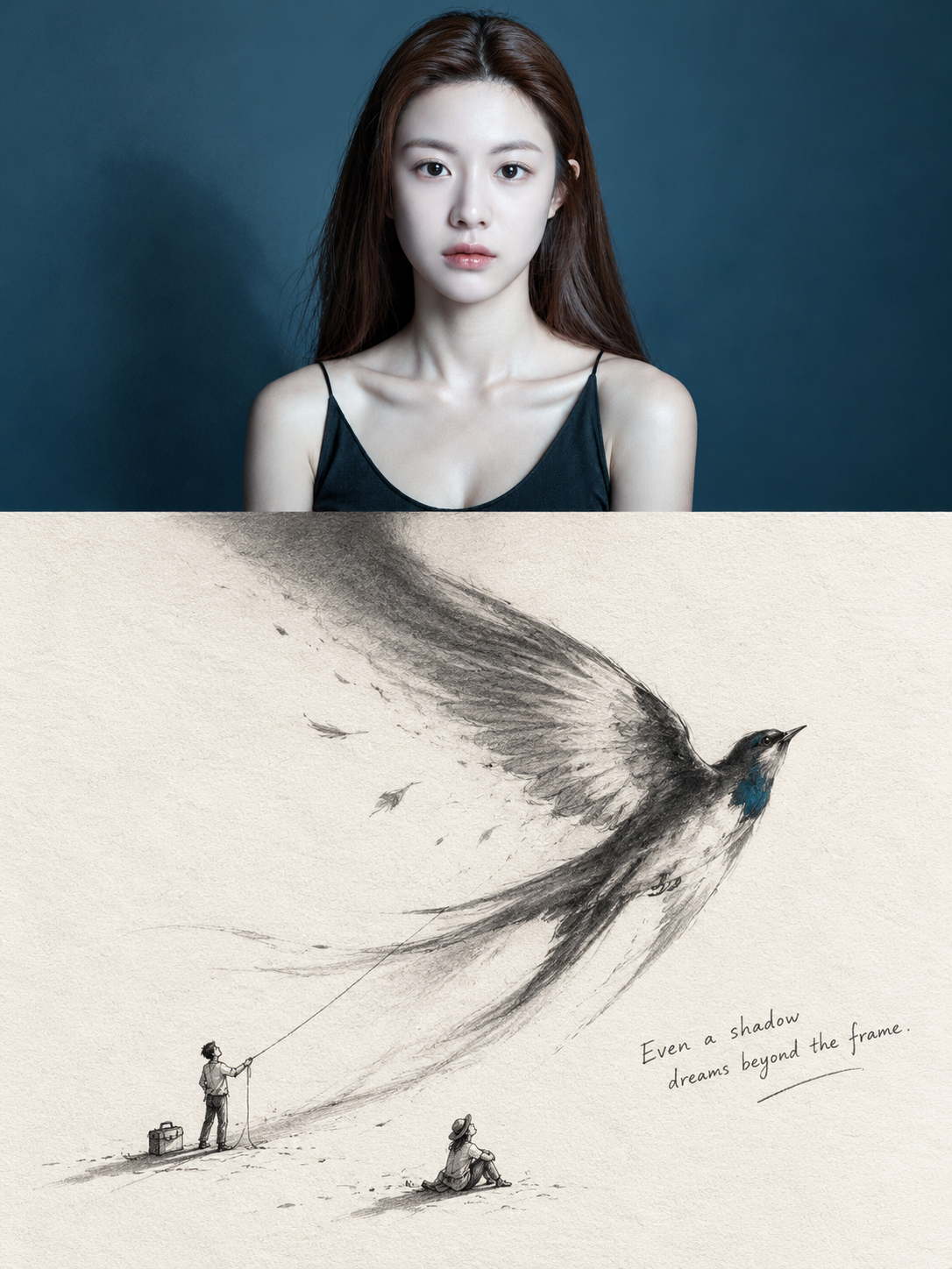 연필과 목탄으로 그린 미니어처 초현실 포스터: 중심선을 넘는 그림자