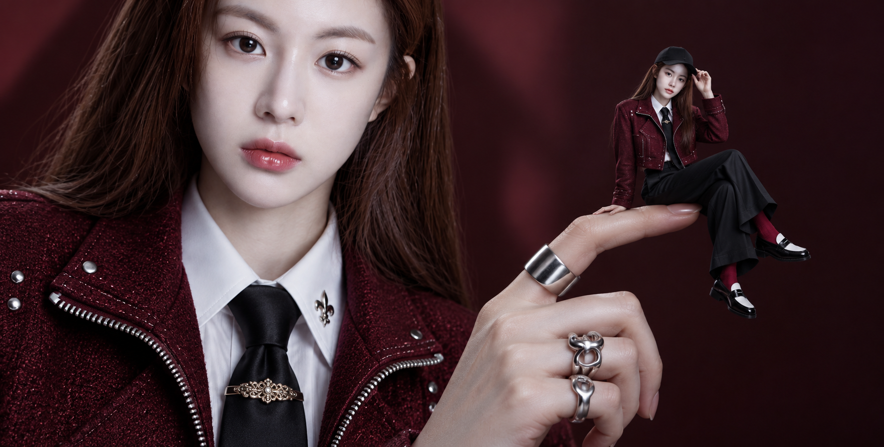 손끝 위에 펼쳐진 같은 패션 여성의 미니어처 스케일 착시 — AI image creation
