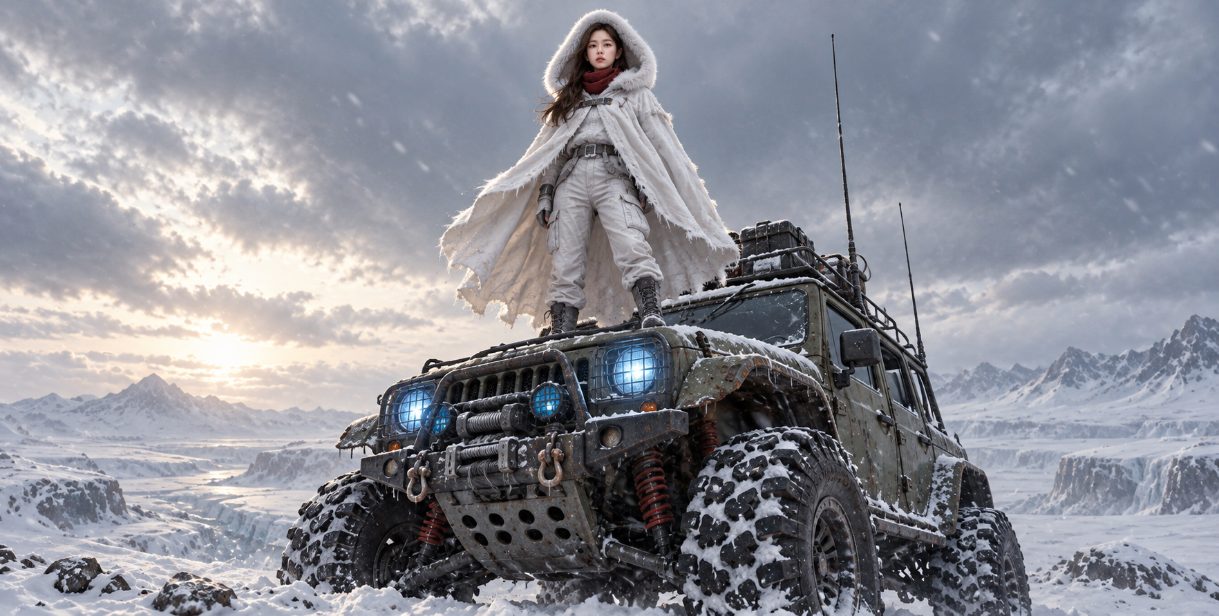 雪原废土上的白袍探路者 — AI image creation