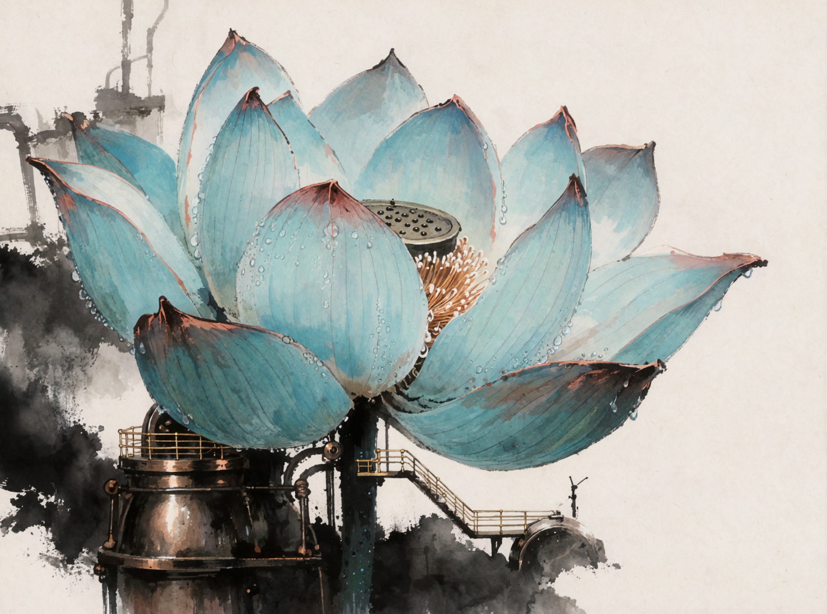 Steam Lotus · Ink Wash Negative Space