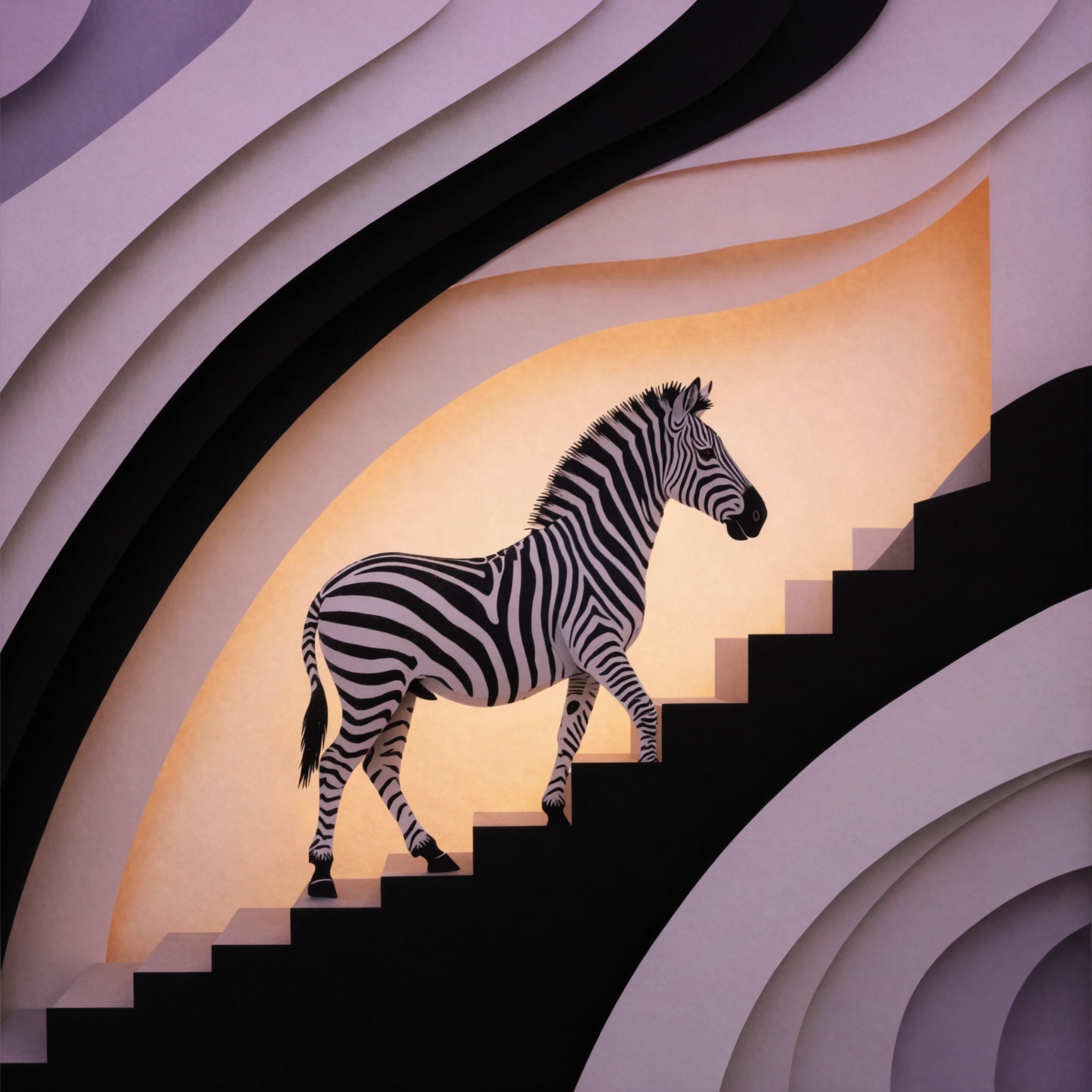 Black-and-White Zebra Staircase · Paper-cut Lightbox — AI image creation