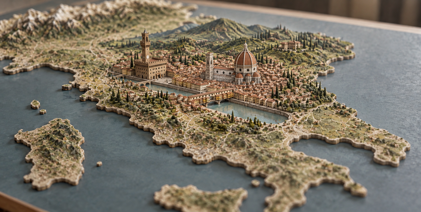 从城市地图升起的佛罗伦萨微缩模型 — AI image creation
