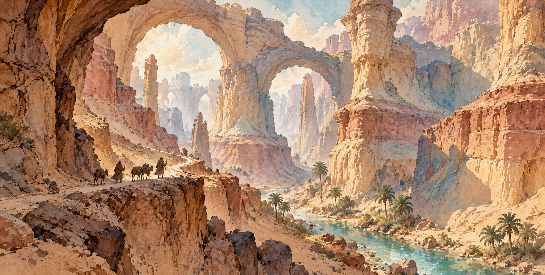 巨石峡谷绿洲商旅奇幻水彩插画 — AI image creation