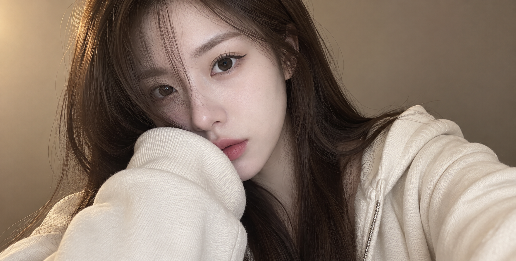 Cozy ivory-sleeve close-up webcam selfie