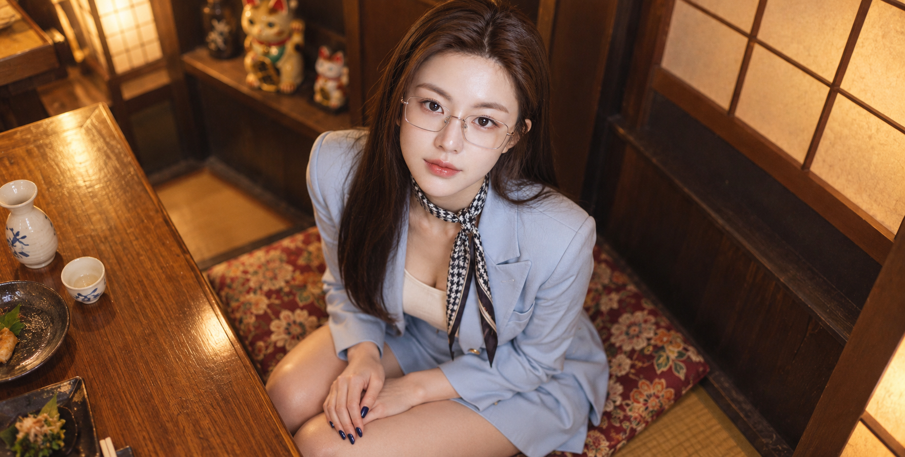 成年东亚女性居酒屋冰蓝套装时尚人像