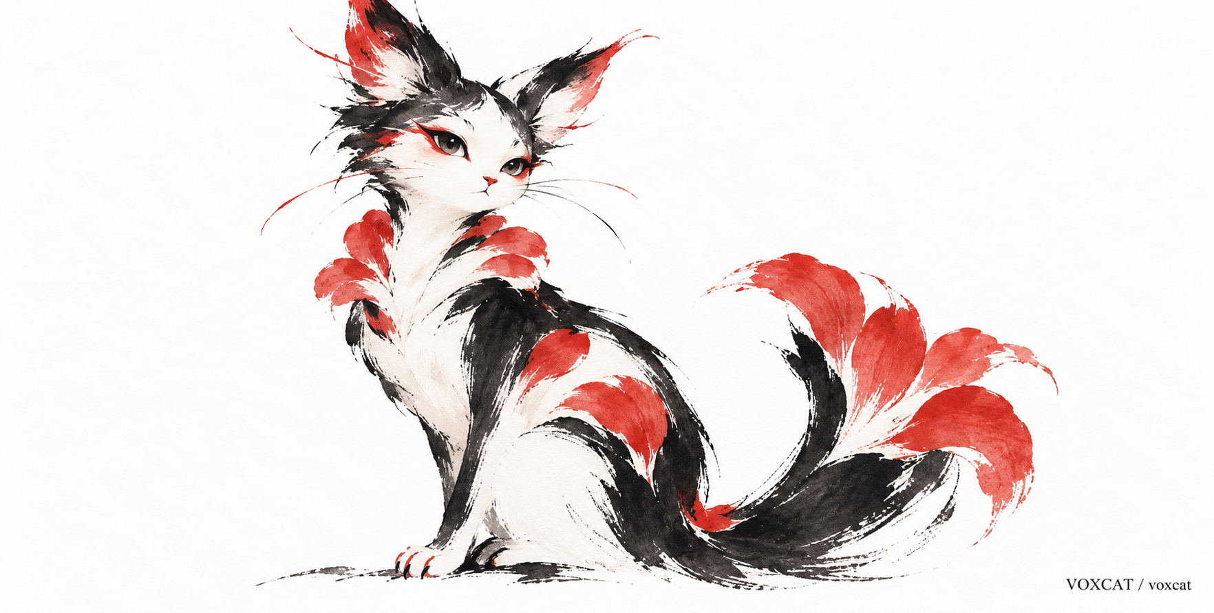VOXCAT动物化极简插画:朱红山茶花与准确签名 — AI image creation