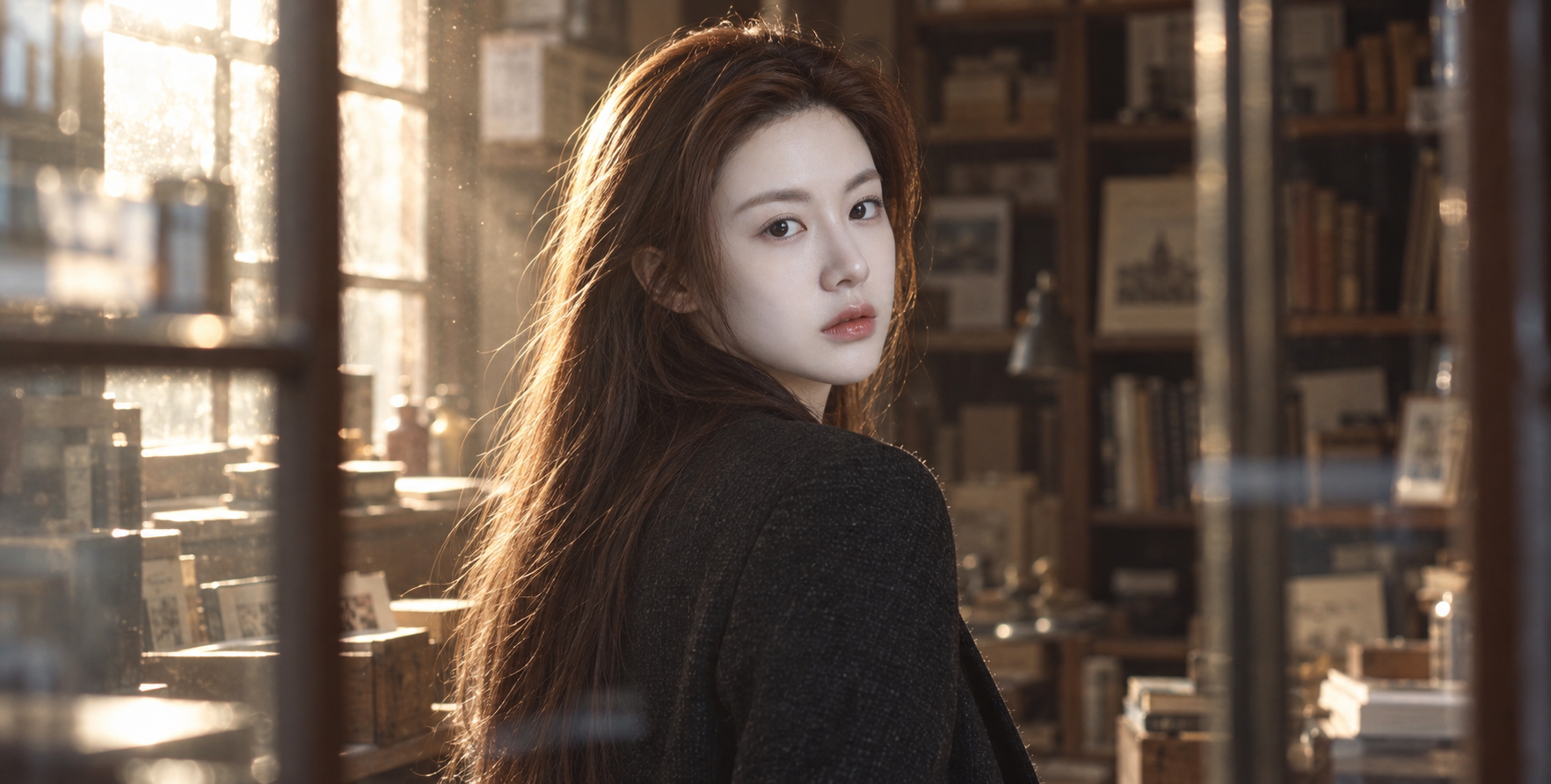 중고 서점 창가에서 역광 속 뒤돌아보는 성인 여성의 필름 초상