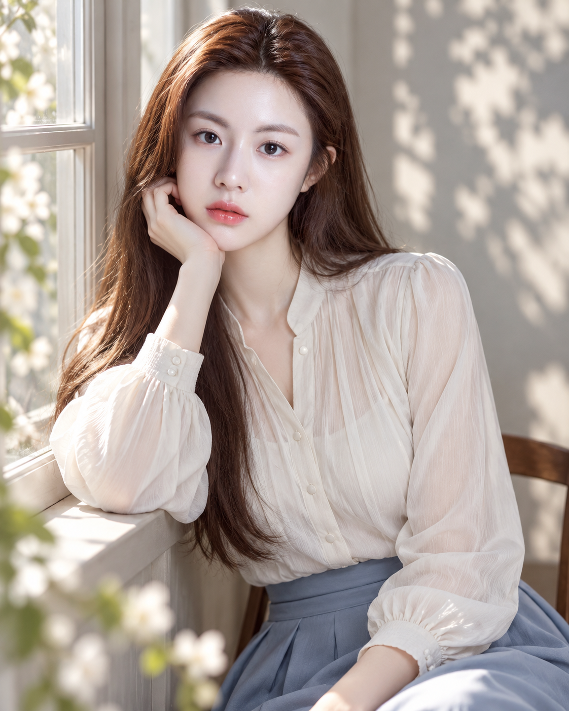 꽃 그림자 창가의 가벼운 베일 인물화