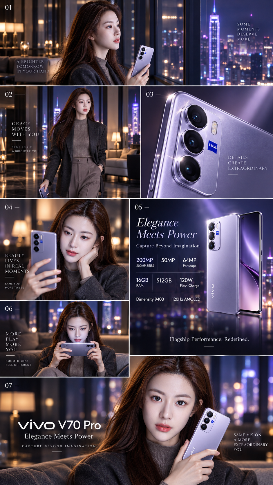 Vivo V70 Pro 银紫色七镜头广告分镜图