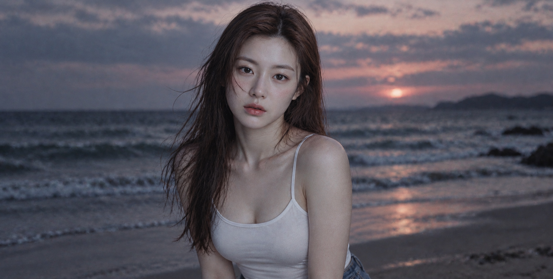 黄昏海滩上的成年女性电影胶片肖像