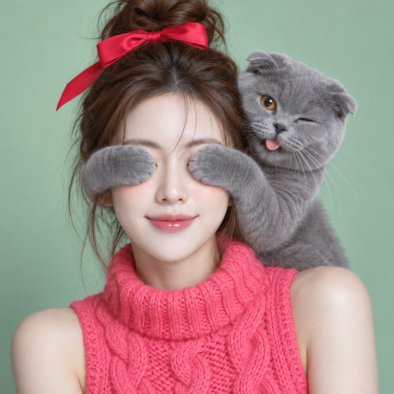 萌猫捂眼猜猜看的治愈系原创肖像