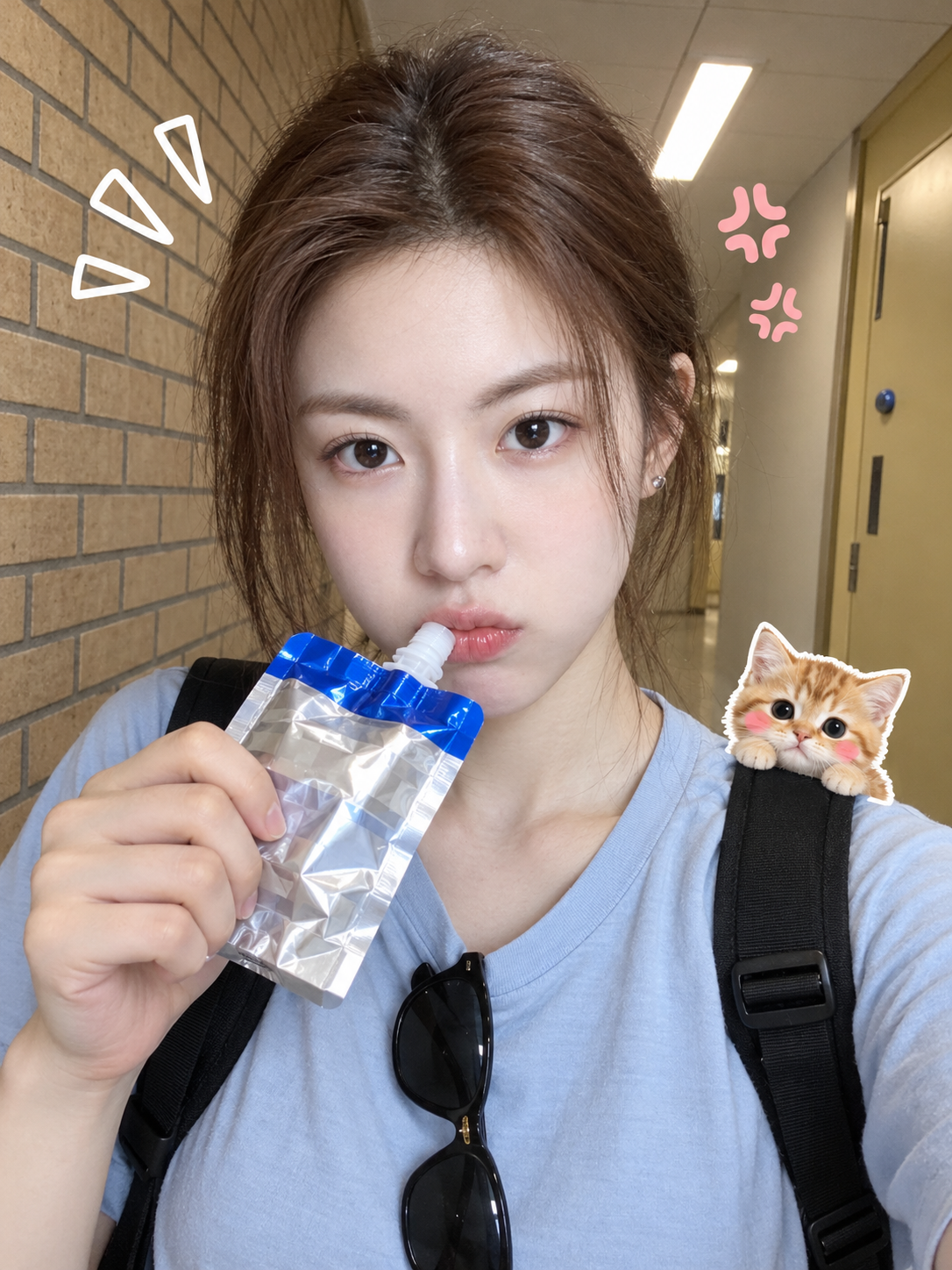 廊下で栄養ゼリーを飲む自撮り