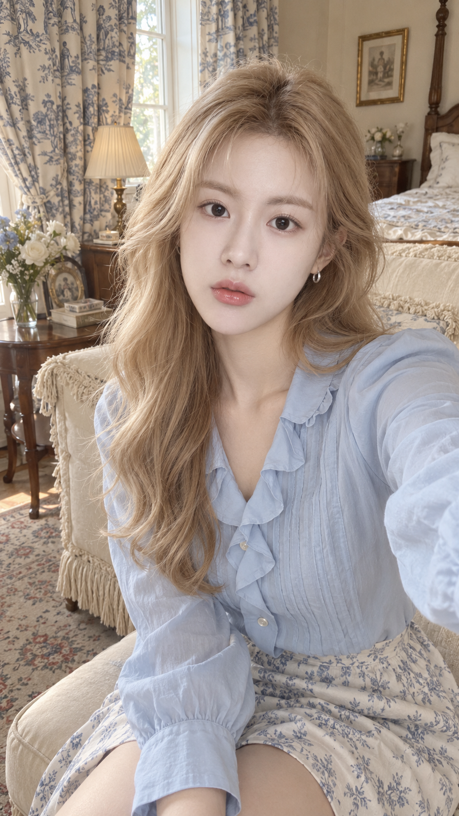 빈티지 침실에서의 연한 파란색 패션 셀피