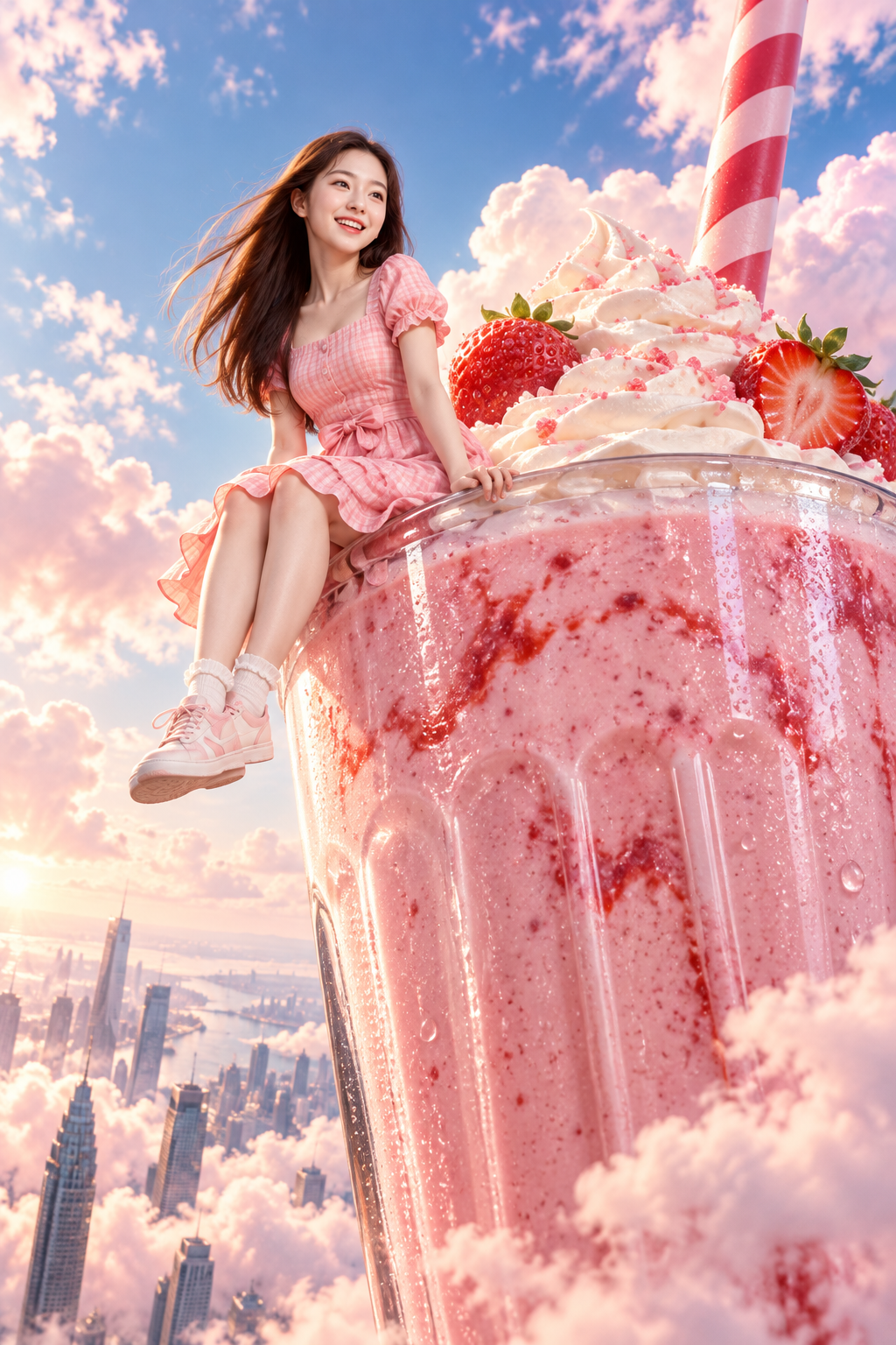 巨型草莓奶昔上的原创成年女性超现实海报 — AI image creation