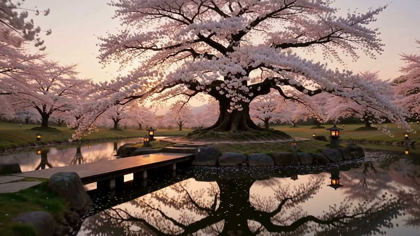 Golden Twilight Under the Cherry Blossom Tree