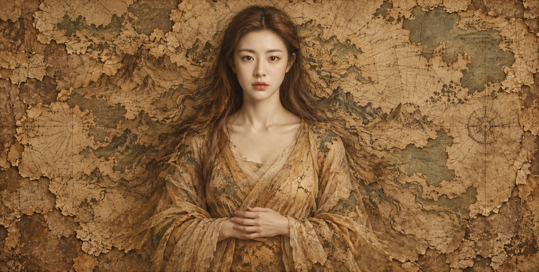 古老羊皮纸地图中浮现的成年女性超现实肖像