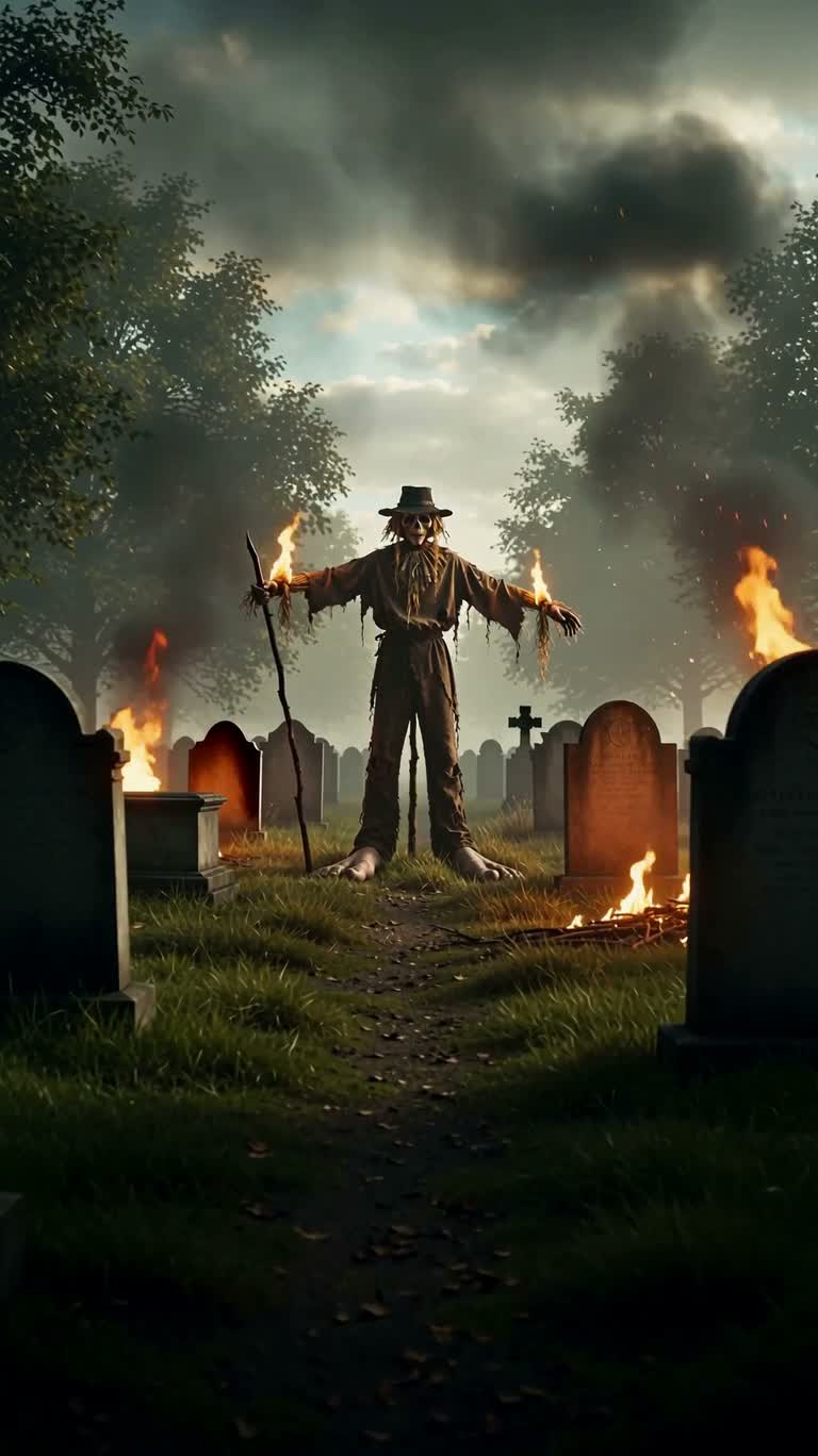 Eerie Scarecrow in the Burning Graveyard — AI video creation