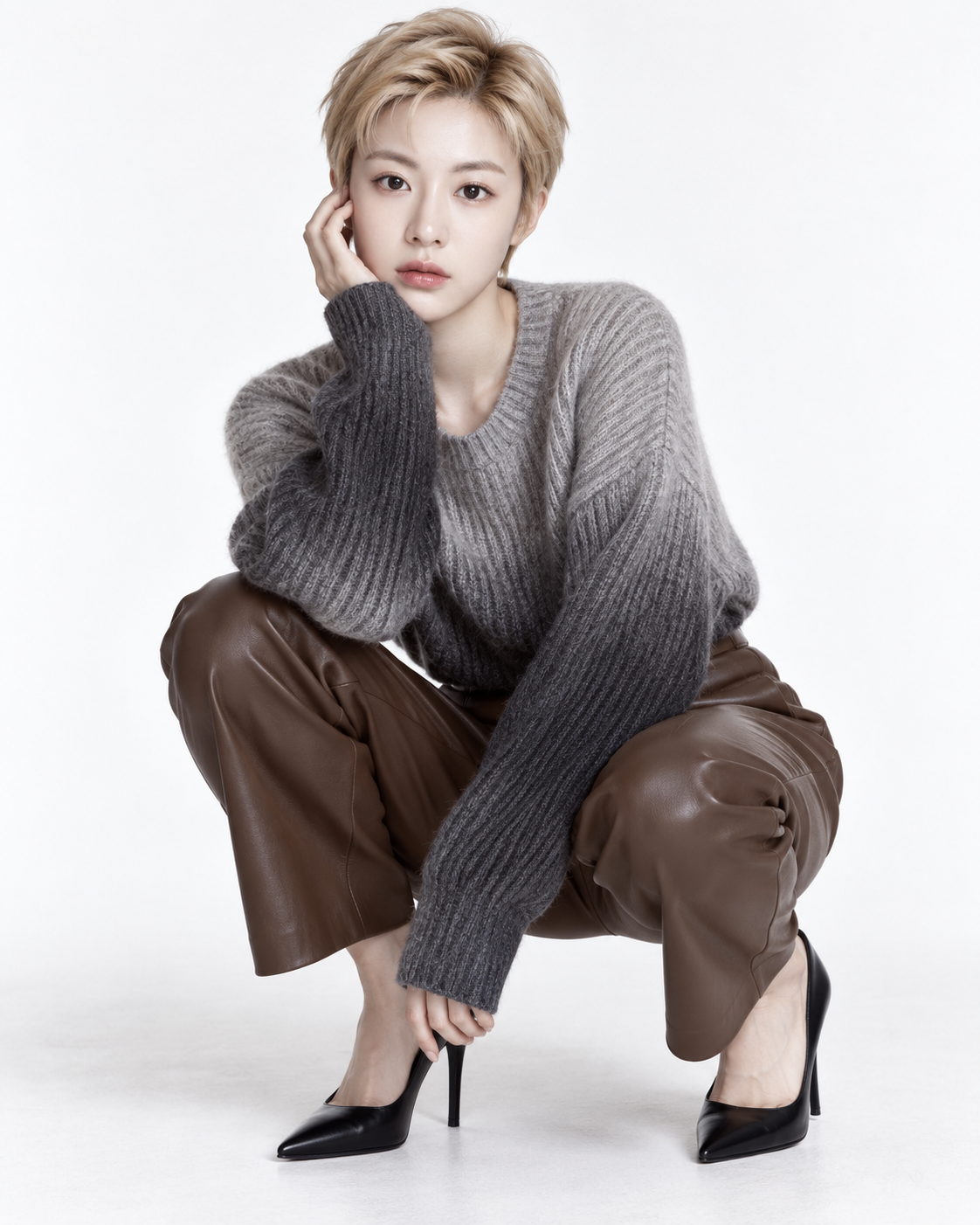 차가운 톤의 럭셔리 웅크린 자세 패션 화보