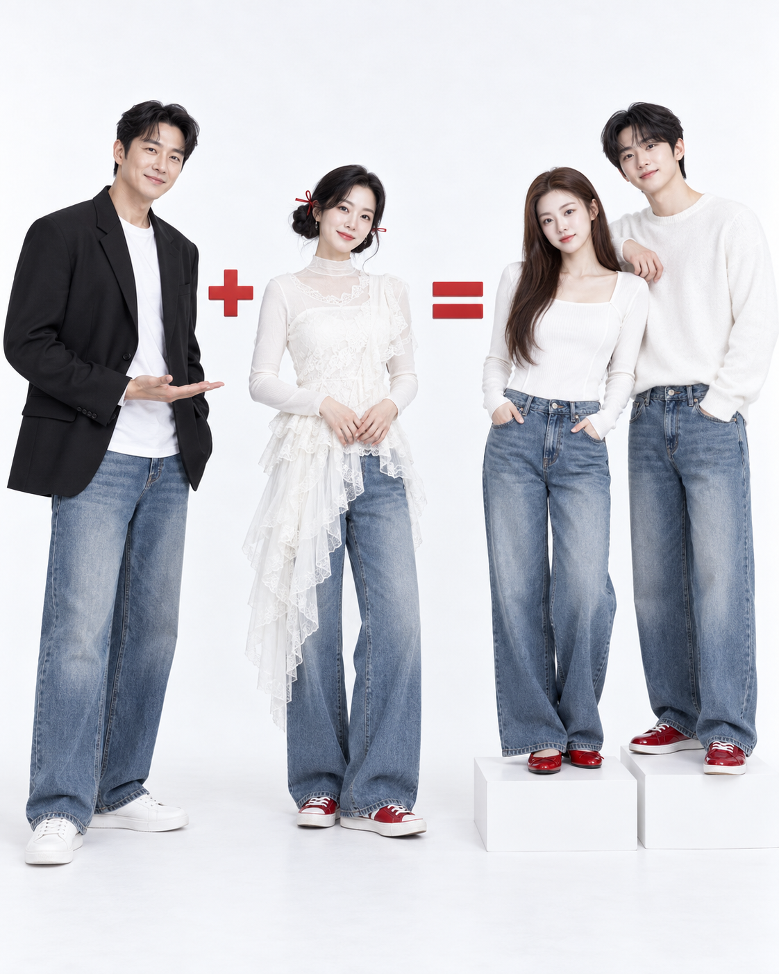 父母与成年子女的极简白棚家庭时装肖像