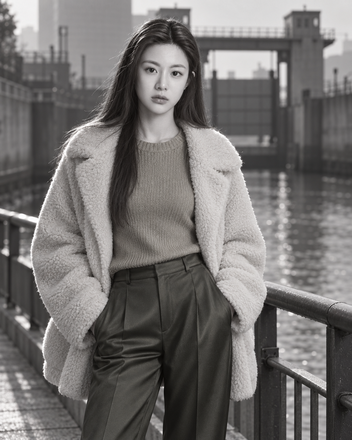 毛绒外套与柔和轮廓光成年女性肖像