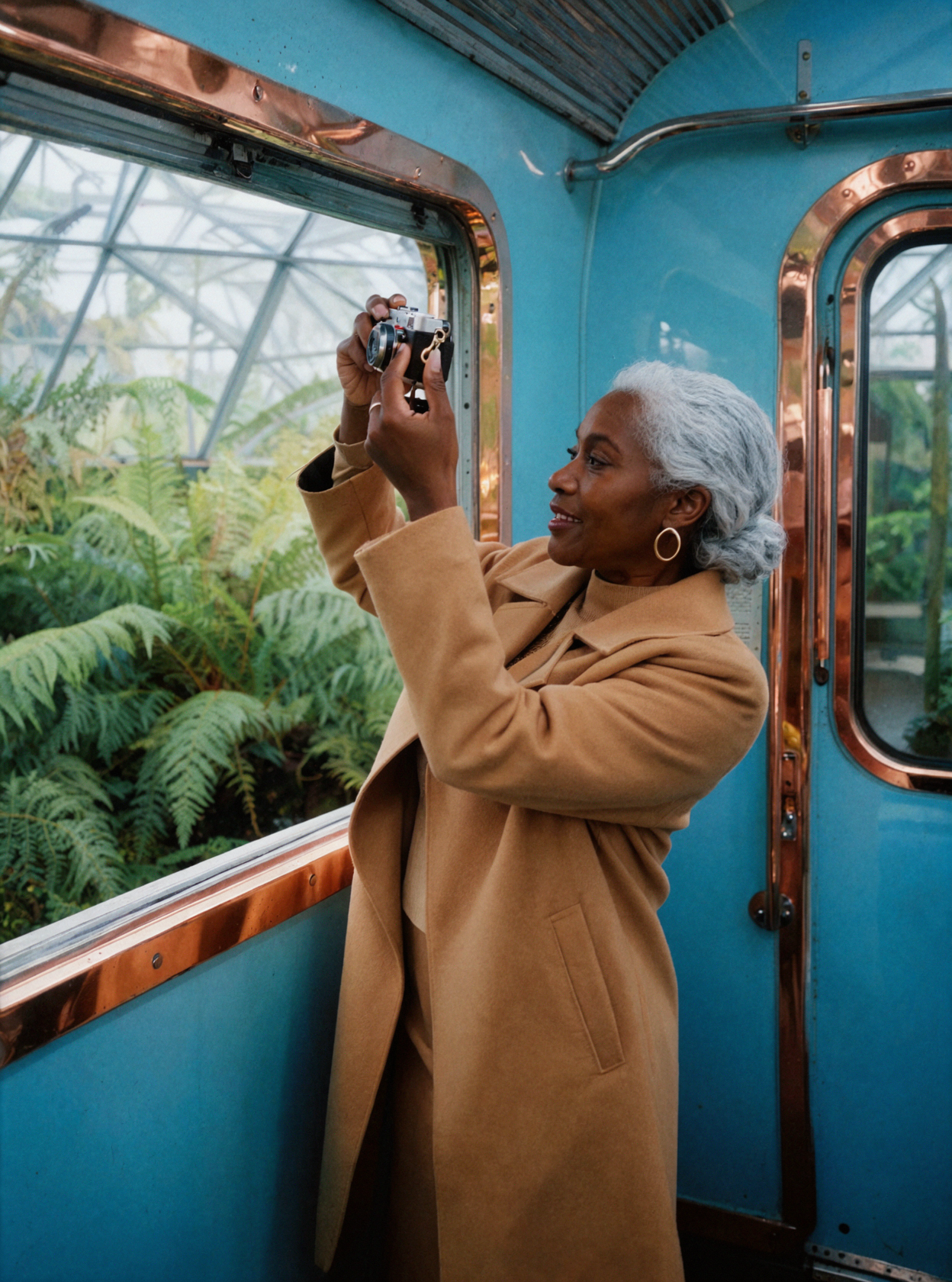 Silver-Haired Adult African Traveler · Mountain Window Portrait · Instant Photo — AI image creation