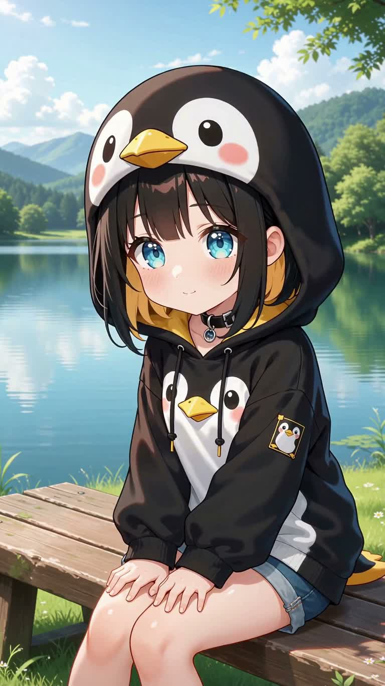 Animation roucoulante d'une fille au chapeau de pingouin au bord du lac — AI video creation