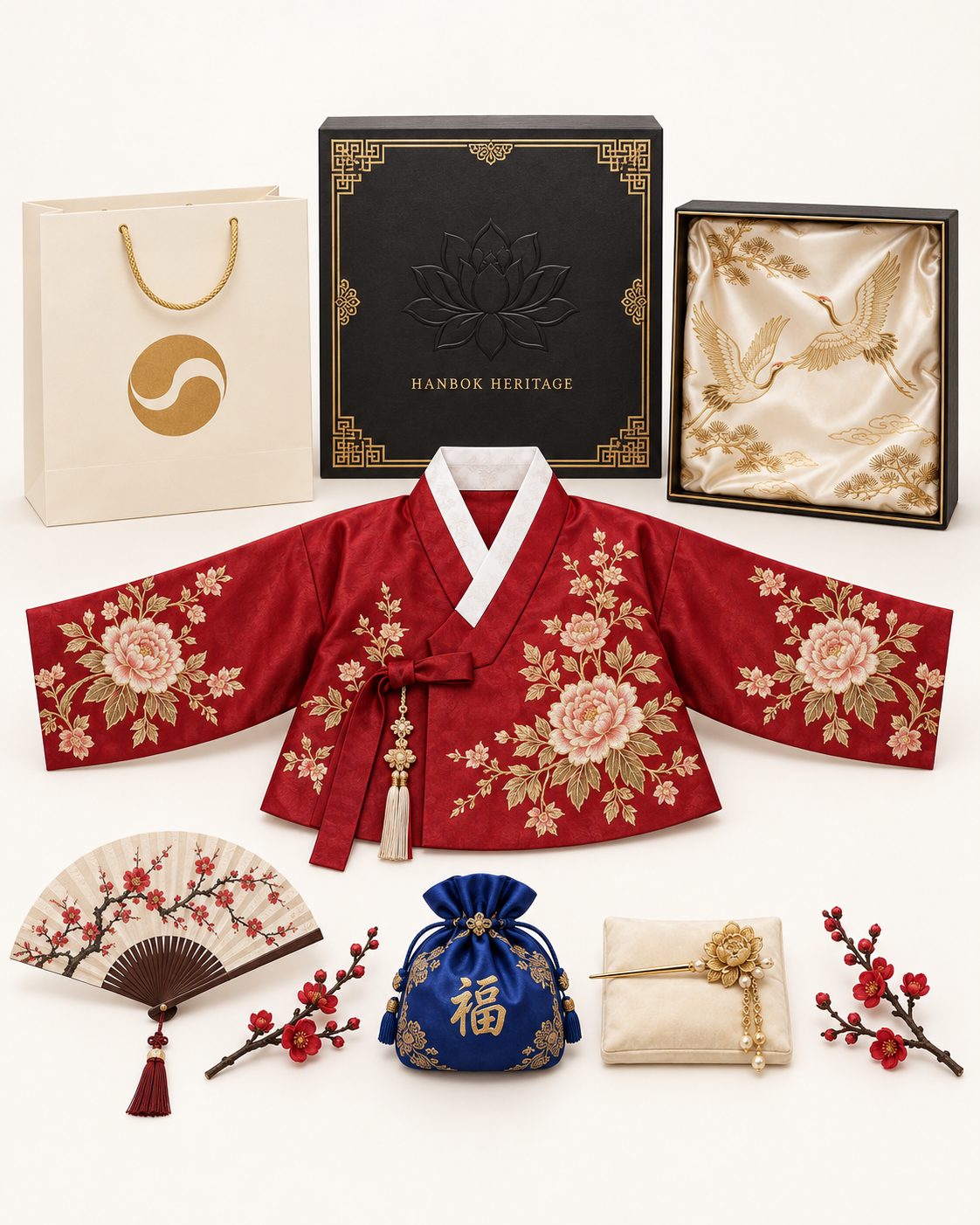 对称陈列的奢华韩服传统工艺产品摄影