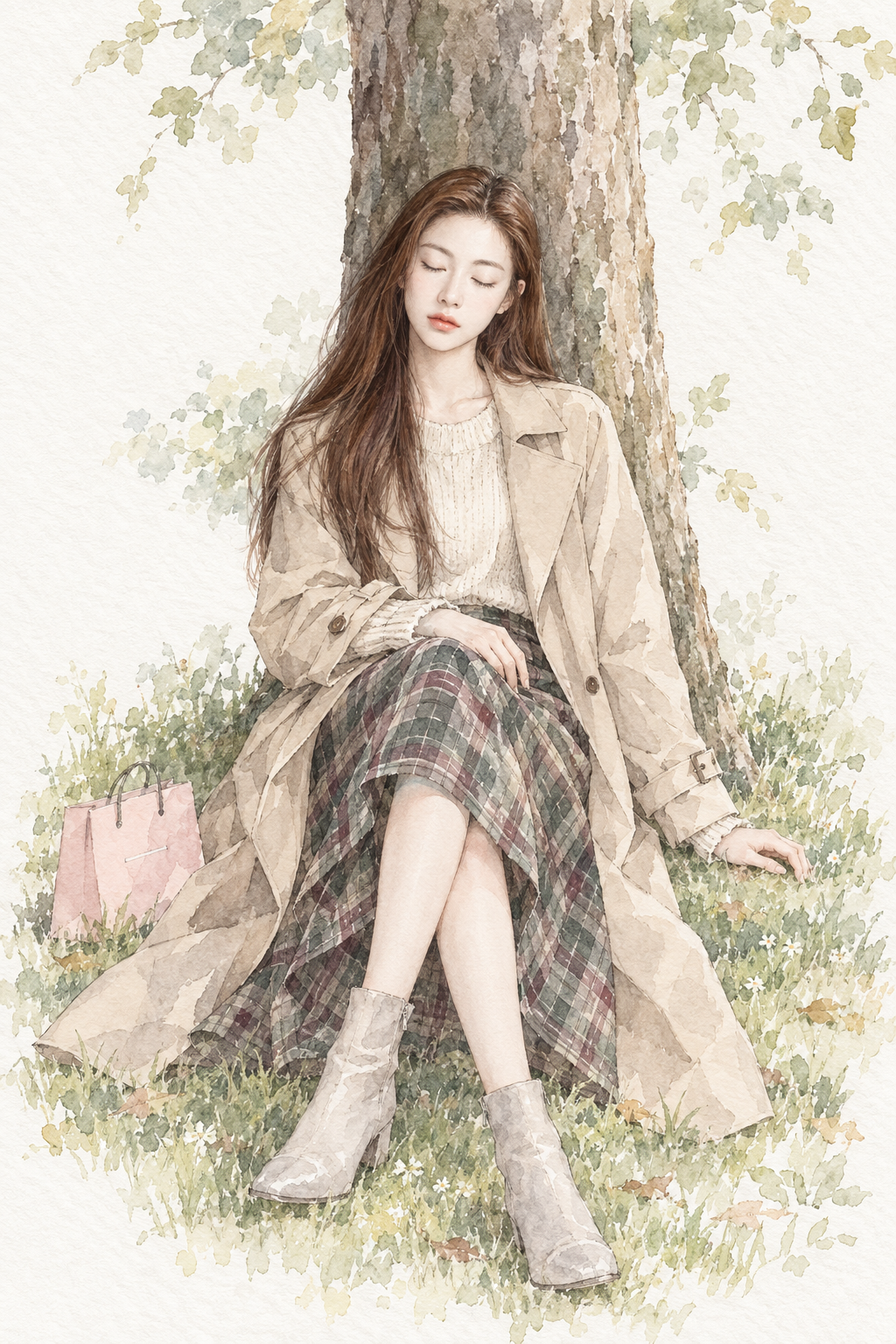 树下静坐的水彩时尚插画