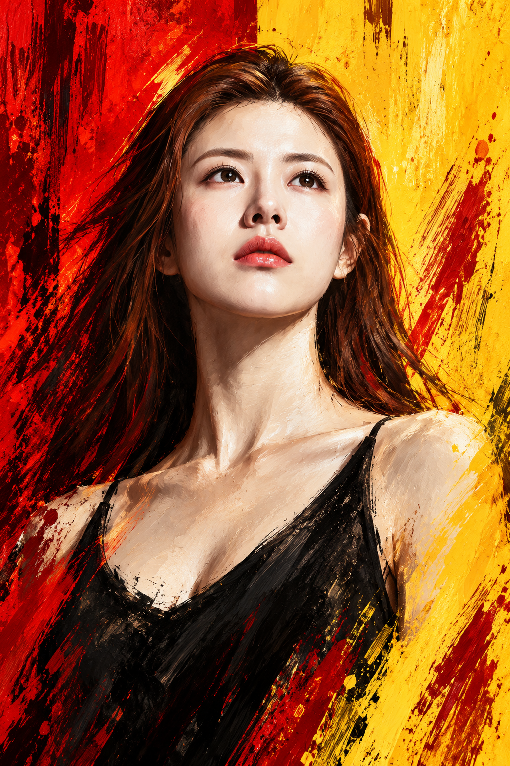 红黄抽象笔触中的坚毅向上肖像 — AI image creation